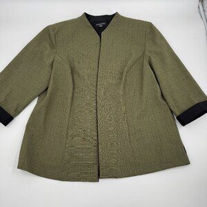 Perceptions Woman Olive Green Crosshatch Open Front Jacket 16W 3/4 Sleeve Blazer